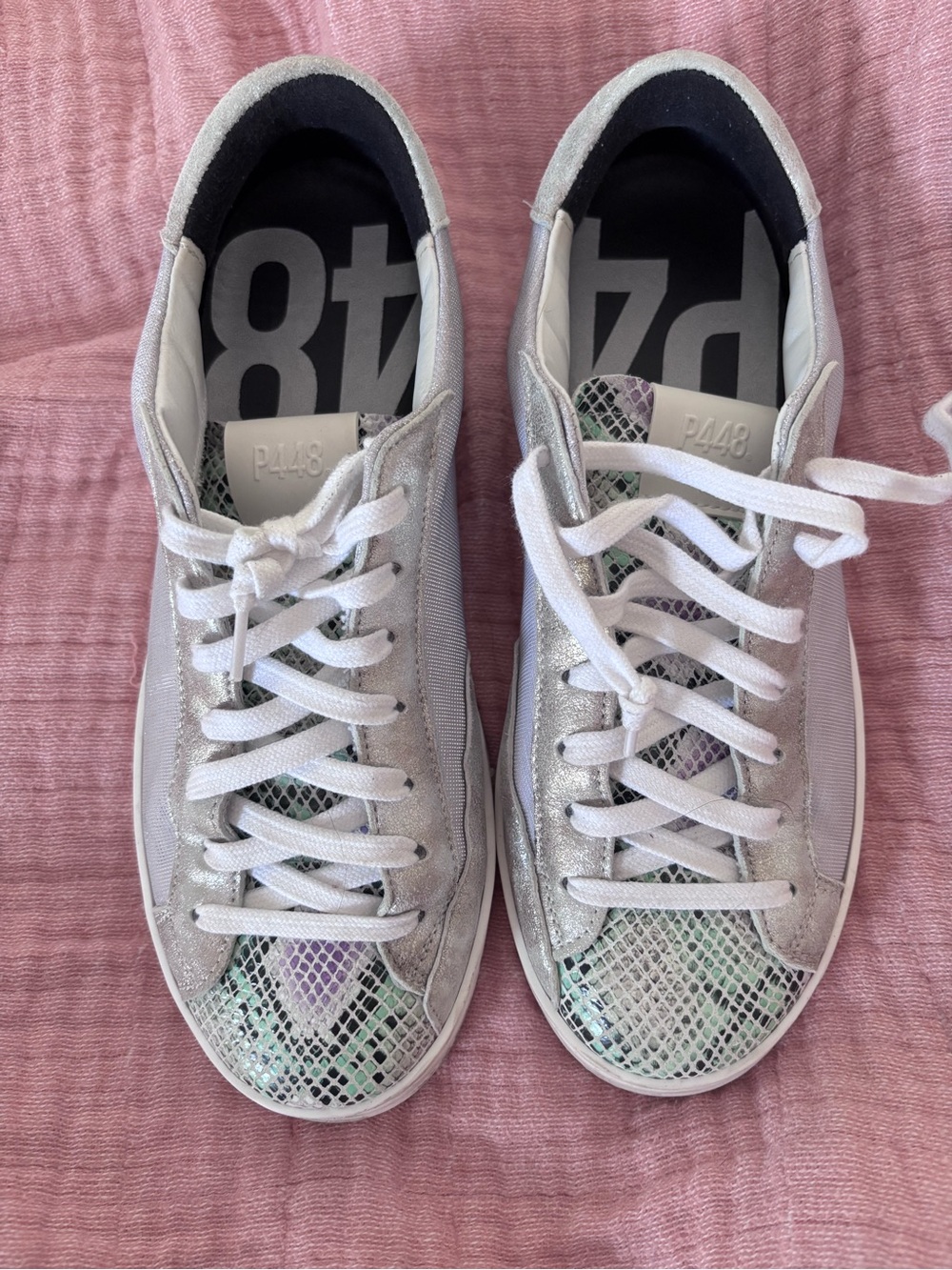 P448 John Women's Silver & White Low-Top Sneakers with Iridescent Snakeskin
